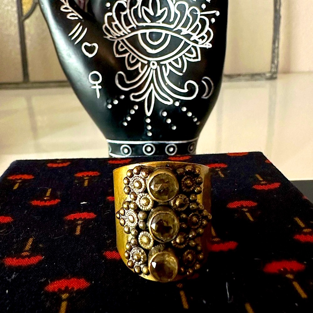 Adjustable Antique Brass Statement Ring W3 Gemsto… - image 2